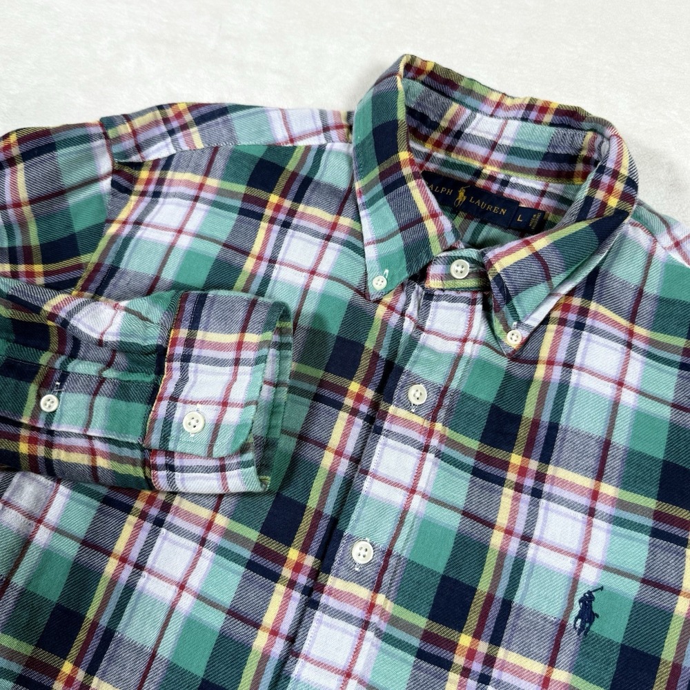 Ralph Lauren Men L Button-Down Shirt Plaid Denim Lined Long Sleeve Logo‎ Flannel
